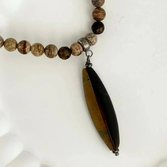Tiger's Eye Agate Beaded Vintage Long Hand Strung Vintage Pendant Necklace - 16" - Picture 1 of 10